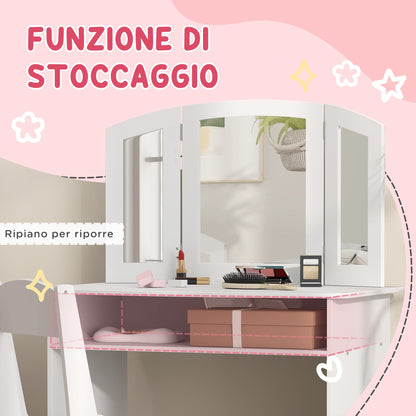 Kids Makeup Set with Removable Triple Mirror Dressing Table and White Wooden Chair