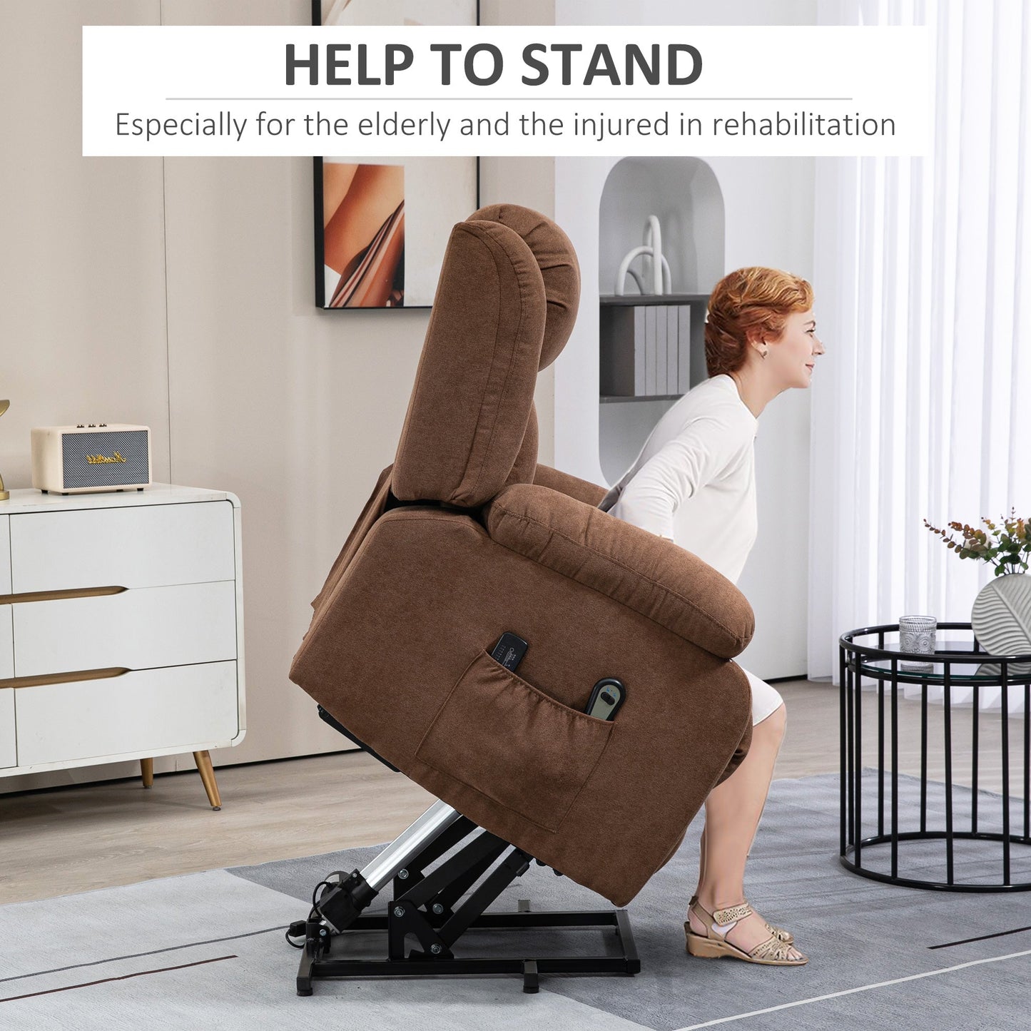 Lift Relax Chair with Remote Control, Massaging and Reclining in Fabric, Brown