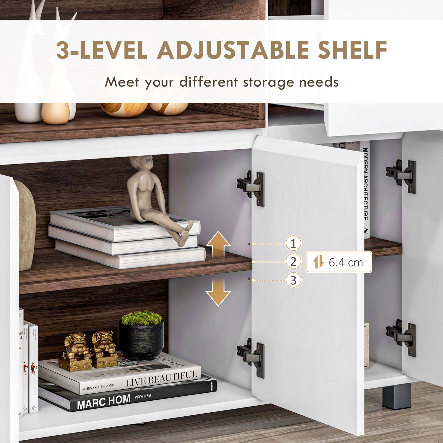 Modern Wooden Kitchen Sideboard with Cabinets, Drawer and Open Compartment, 105x39x83cm, White