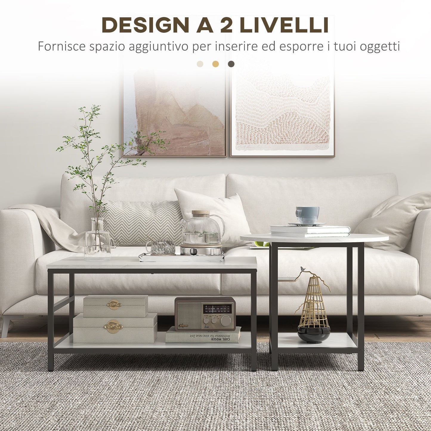 2-Tier Coffee Tables Set in Chipboard and Steel with Marble Effect Top, Black and White