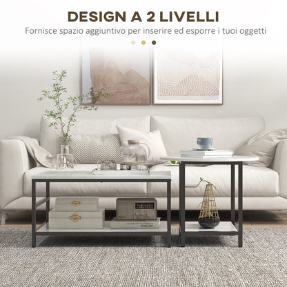 2-Tier Coffee Tables Set in Chipboard and Steel with Marble Effect Top, Black and White