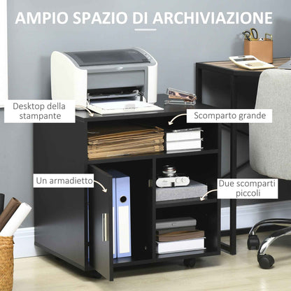 HOMCOM Rolling Printer Stand with Cabinet and 3 Open Shelves, Wooden, 60x50x65.5 cm, Black