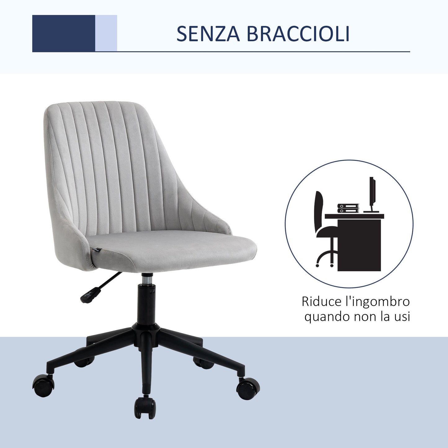 Grey Velvet Office Chair with Adjustable Height, Ergonomic 360° Swivel Chair with Wheels, 50x58x77-87cm