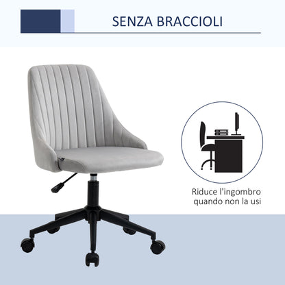 Grey Velvet Office Chair with Adjustable Height, Ergonomic 360° Swivel Chair with Wheels, 50x58x77-87cm