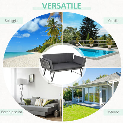 2 Seater Rattan Garden Sofa with Padding and Folding Armrests, 129x63x67cm, Grey