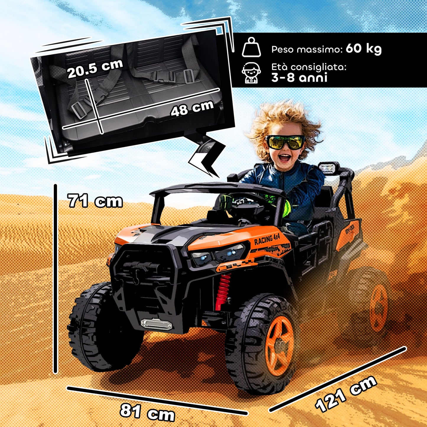 Electric Ride-On Toy Car for Children 3-8 Years, 24V, 2 Seats, Dual Motor, Remote Control and Soft Start, Orange