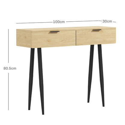 Nordic Style Entrance Console Table with 2 Drawers in Wood and Steel, 100x30x80.5 cm, Oak
