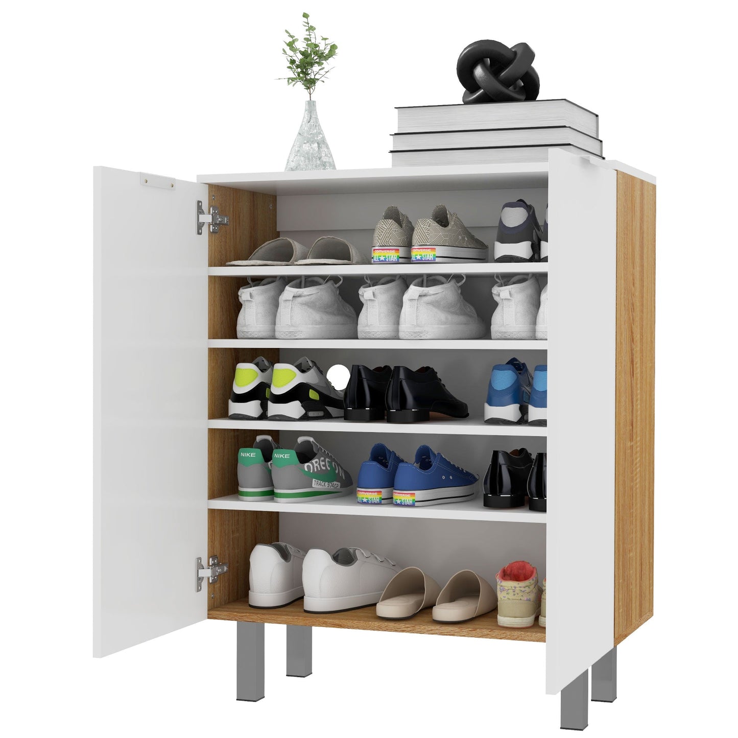 Modern Shoe Rack for 15-20 Pairs of Shoes, 5 Shelves and Soft Closing, Glossy White