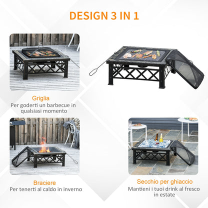 SIENA | Garden Fire Pit with Lid Spark Guard and Metal BBQ Grill 76x76x47cm Black