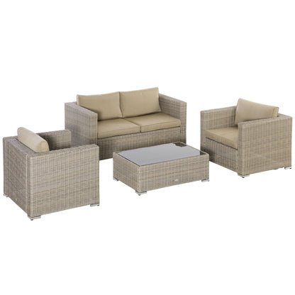 4 Piece Outdoor Rattan Lounge Set with 1 Sofa, 2 Armchairs and 1 Coffee Table, Khaki and Beige
