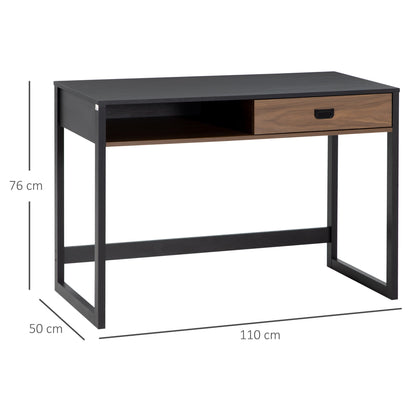 Industrial Style Bedroom and Office Desk with Drawer, 110x50x76cm, Walnut and Black