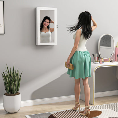 Wall-Mounted Mirrored Jewelry Cabinet with 2 Security Keys, Wooden, 36.5 x 9.5 x 67 cm, White
