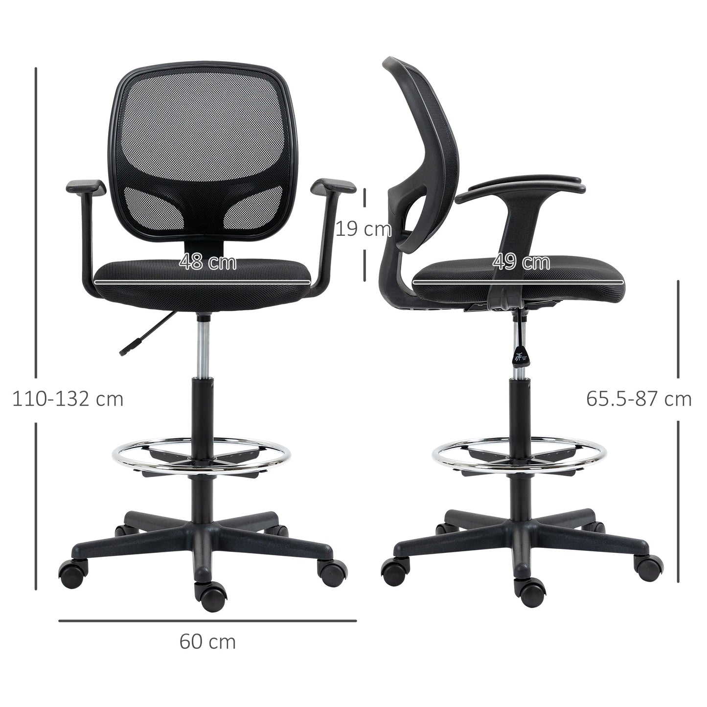 Height Adjustable Office Chair with Armrests, Wheels and Padded Seat, 60x56x110-132 cm, Black