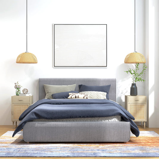 Set of 2 Bedside Tables for Bedroom with Drawer and Door in Boho Style Rattan, Wood Colour