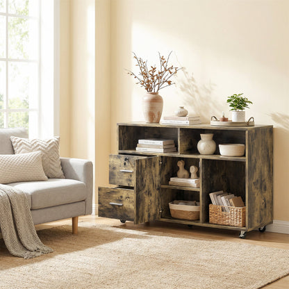 Wooden Printer Stand with Wheels, 2 Drawers, 3 Shelves, and 2 Cabinets, 100x35x65 cm, Brown