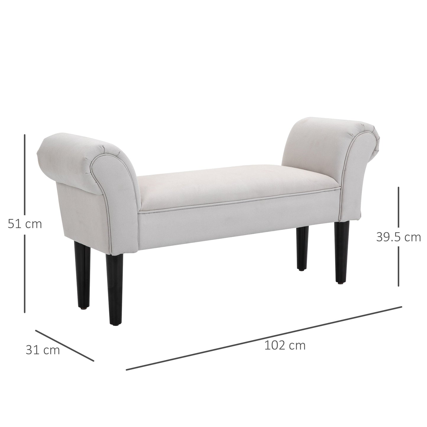 Bed End Bench with Rolled Armrests, Padded Bench for Bedroom, Grey, 102x36x51cm