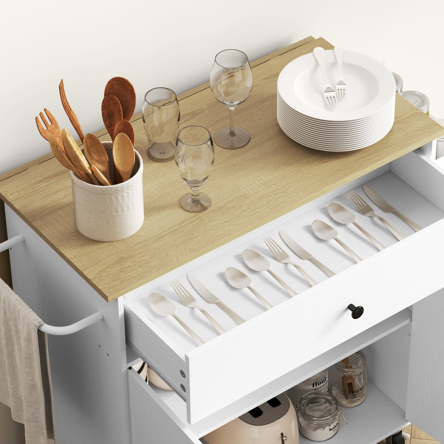 Kitchen Island with Drawer, Cabinet, Spice Rack and Towel Holder, 106x42x87 cm, White and Oak