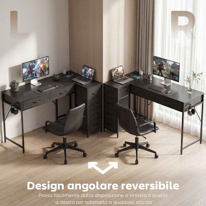 Corner Desk with 6 Drawers, Side Hook and Integrated Sockets, Wood and Steel, 126x48x80 cm, Black