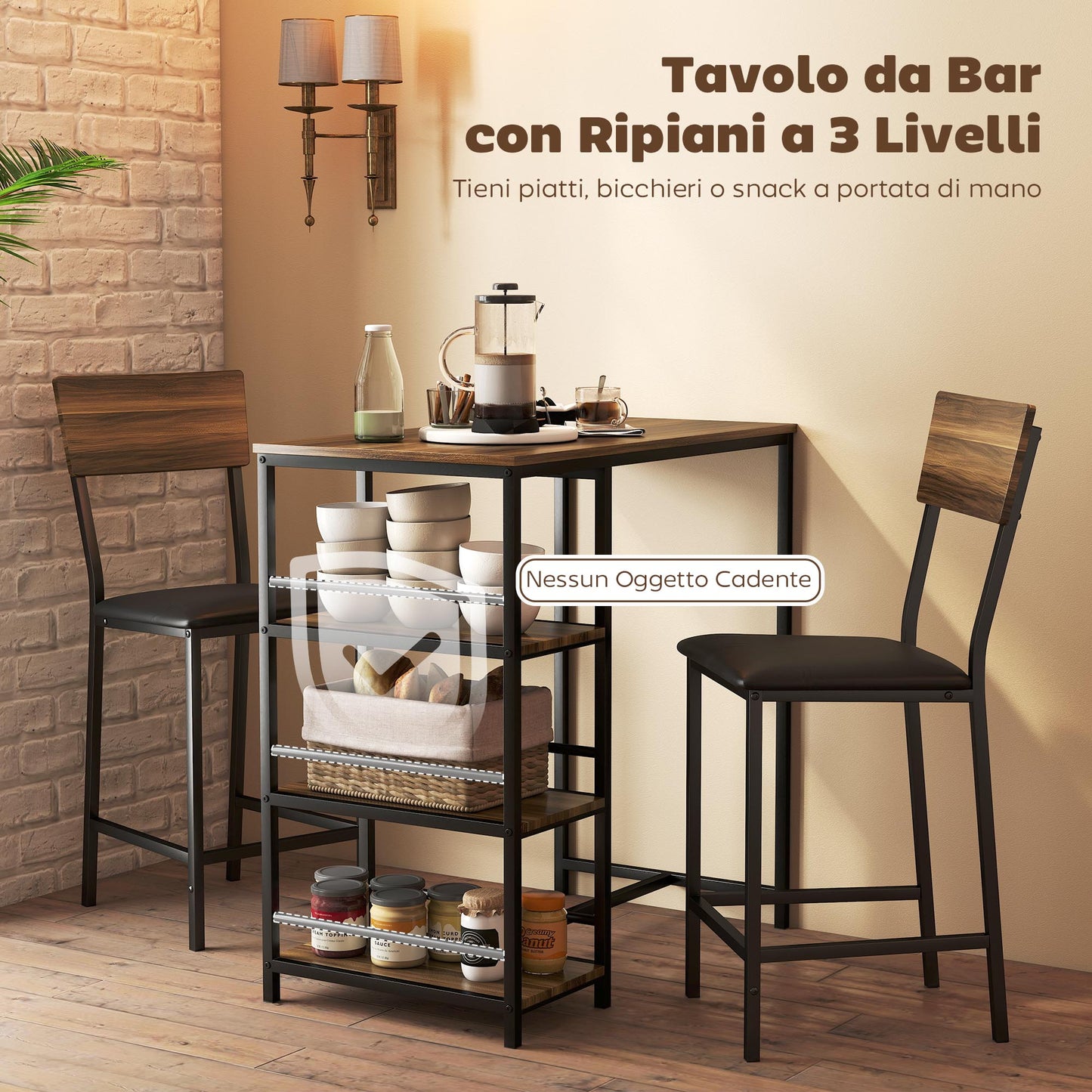 3-Tier Bar Table and 2 Stools with Footrest and Backrest, Wood and Steel, Black and Walnut