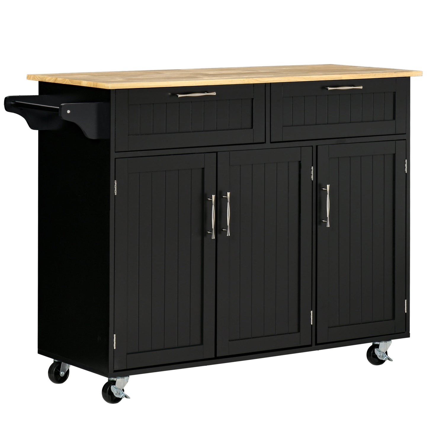 VERA | Wooden Kitchen Trolley with 2 Drawers, 3 Door Cabinet and 4 Wheels, 121x46x91cm, Black