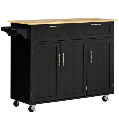 VERA | Wooden Kitchen Trolley with 2 Drawers, 3 Door Cabinet and 4 Wheels, 121x46x91cm, Black