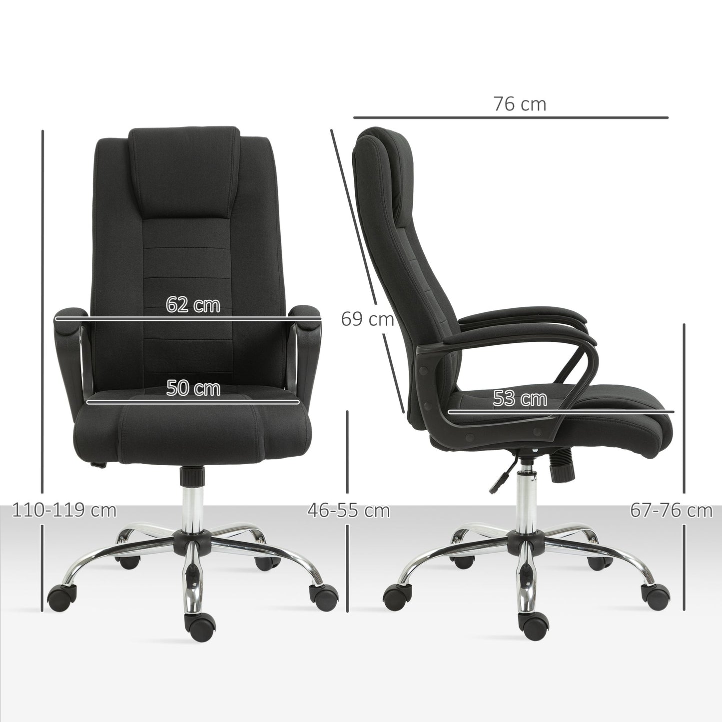 Ergonomic Office Chair, Rocking and Padded with Adjustable Height, 62x76x110-119 cm, Black
