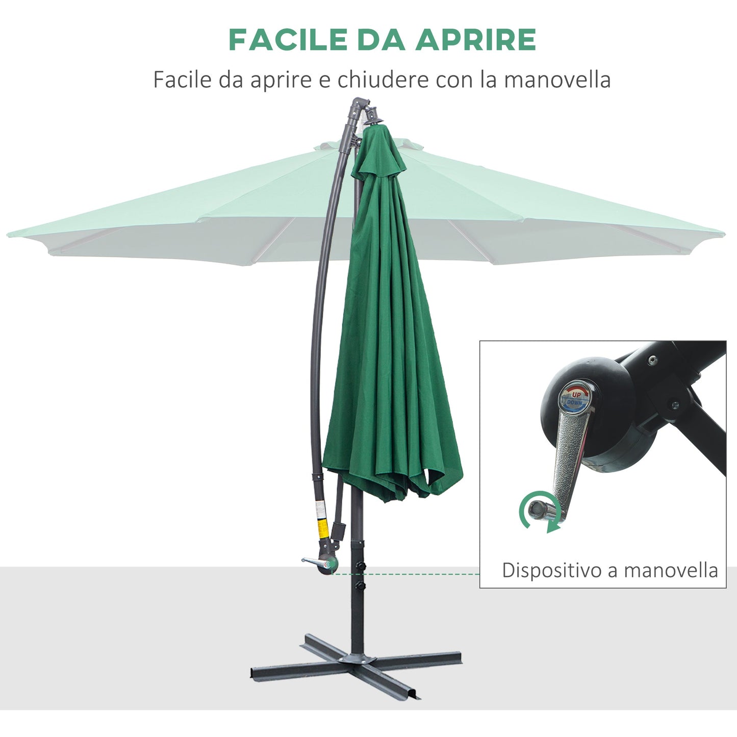 Garden Umbrella 3x2.5 m, Tiltable with Cross Base and Crank, in Steel and Polyester