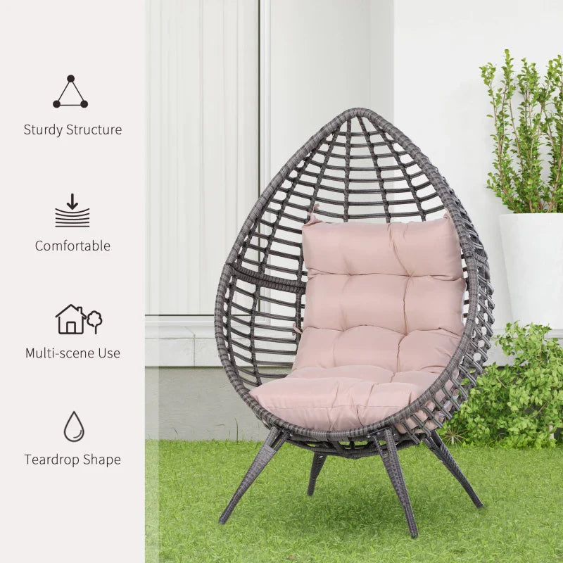 DROPPA | Boho Teardrop Rattan Outdoor Lounge Chair with Cushion, 101x89x156cm Grey and Beige