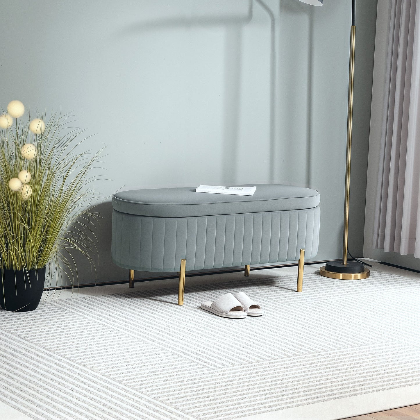 72L Oval Storage Bench with Lift-Top Lid, Velvet Fabric and Wood, 108x44x43.5 cm, Grey