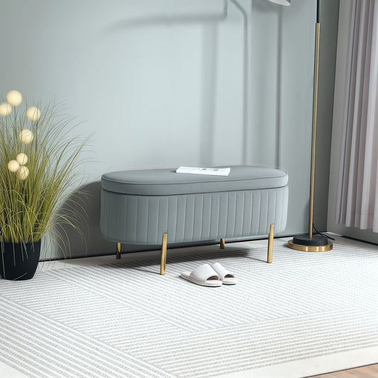 72L Oval Storage Bench with Lift-Top Lid, Velvet Fabric and Wood, 108x44x43.5 cm, Grey