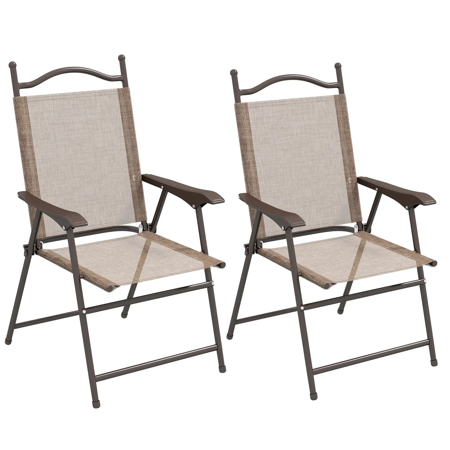 Set of 2 Folding Garden Chairs with Armrests and Breathable Fabric Seat, Brown