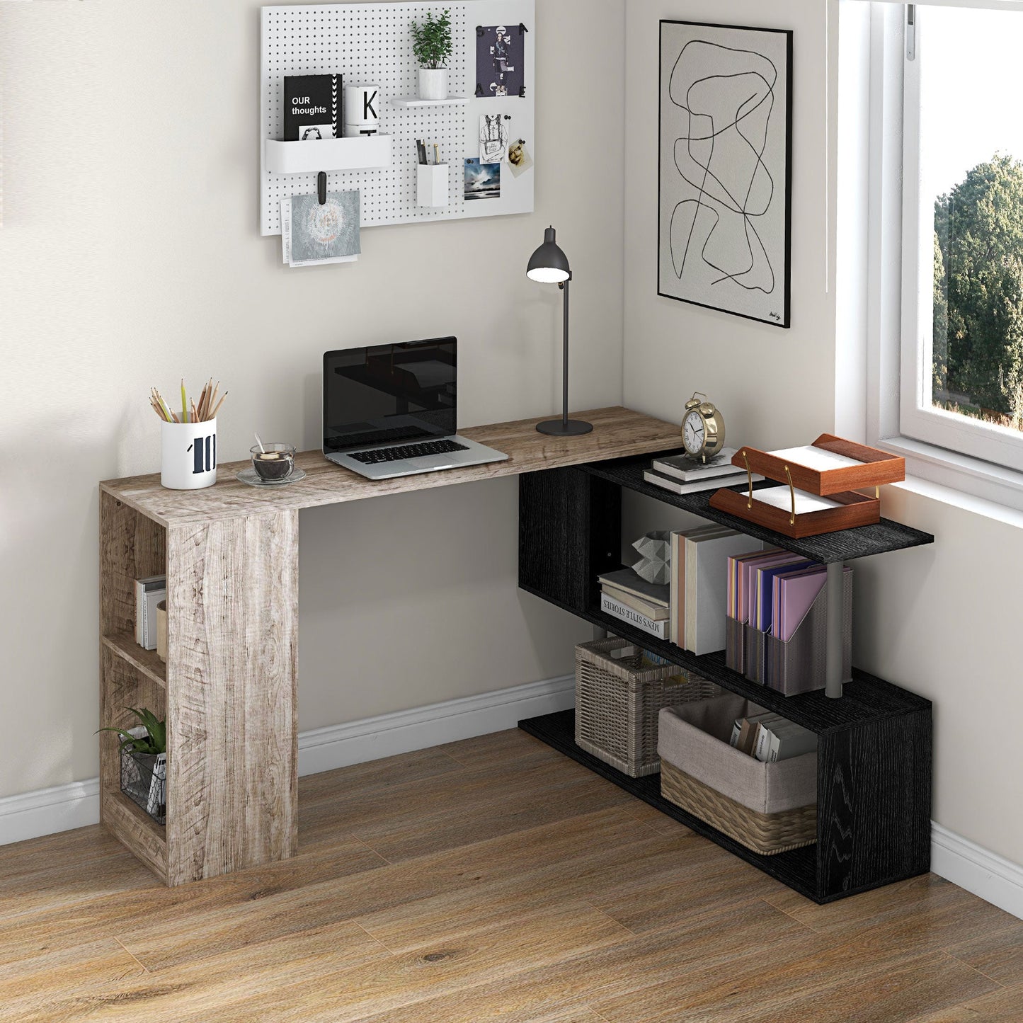Space-Saving Corner Desk with S-Shaped Shelf, Wooden, 140x120x78 cm, Wood Effect Grey