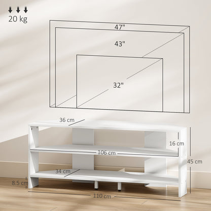 Corner TV Stand for 47" Max with 2 Open Shelves, Wooden, 110x36x45 cm, White