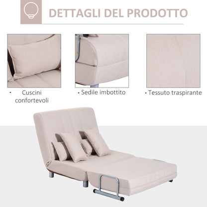 3 in 1, 2 Seater Sofa Bed Convertible to Recliner with Adjustable Backrest and 4 Padded Cushions, 102x82x81 cm, Beige
