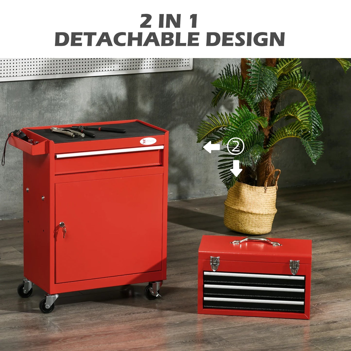 2‑in‑1 Tool Cart with Removable Toolbox, Lockable Drawers & Notice Board – Black