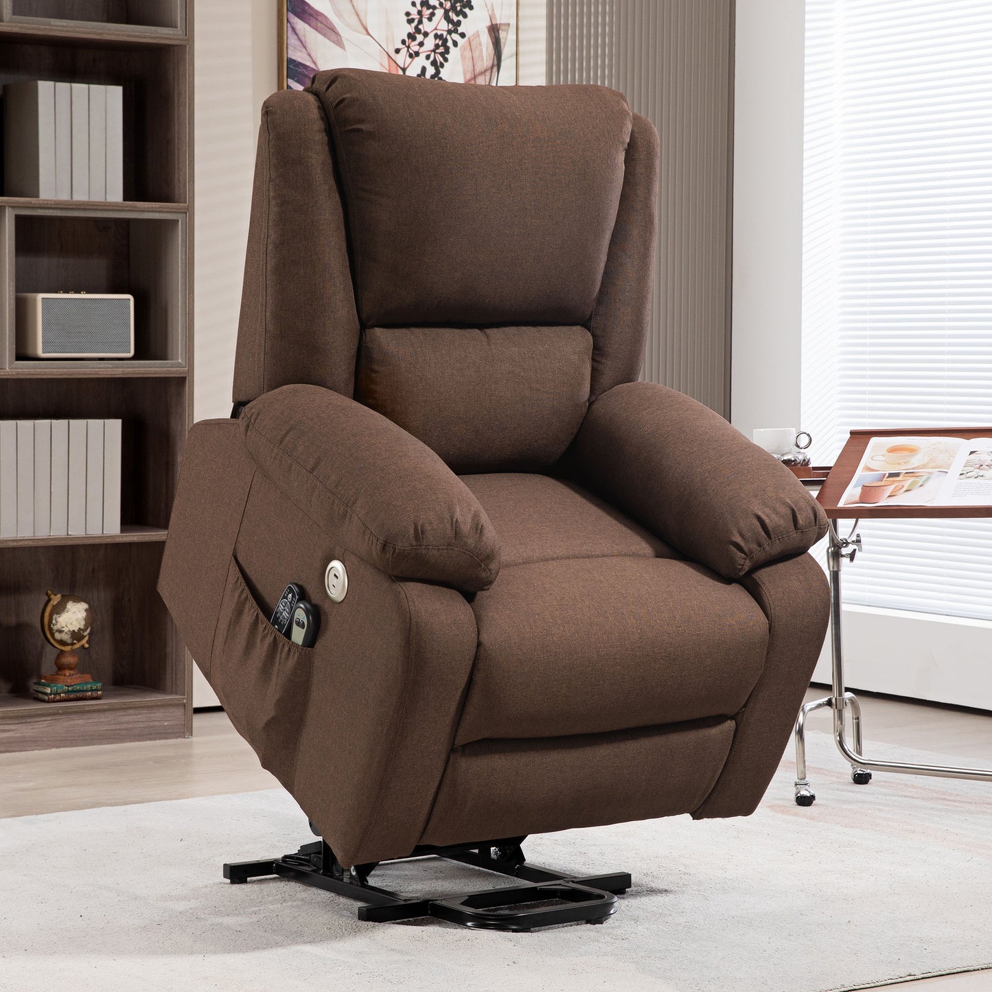 Reclining Lift Chair with Footrest, in Linen Effect Fabric, 87x92x105 cm, Coffee