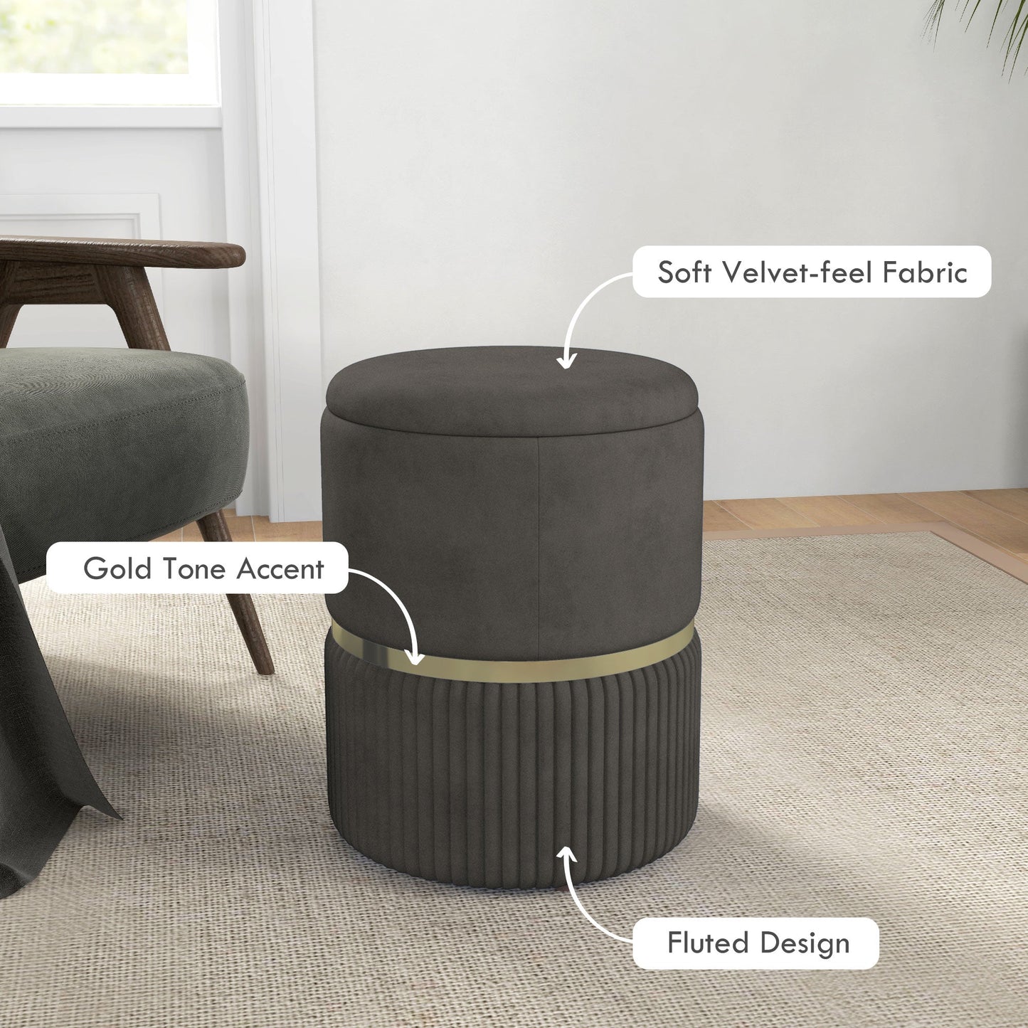 Storage Pouf 120 kg max for Living Room, Entrance and Bedroom, in Polyester, 36x36x44 cm, Grey
