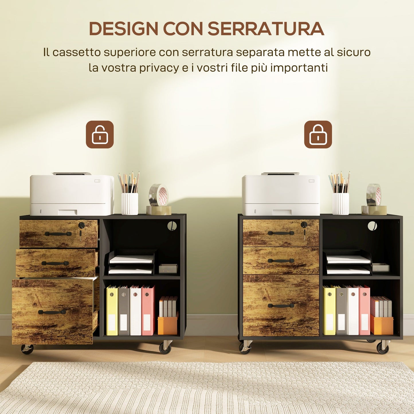 Printer Cabinet with 3 Drawers, 2 Open Shelves and Cable Hole, in MDF, 80x40x65.5 cm, Brown and Black