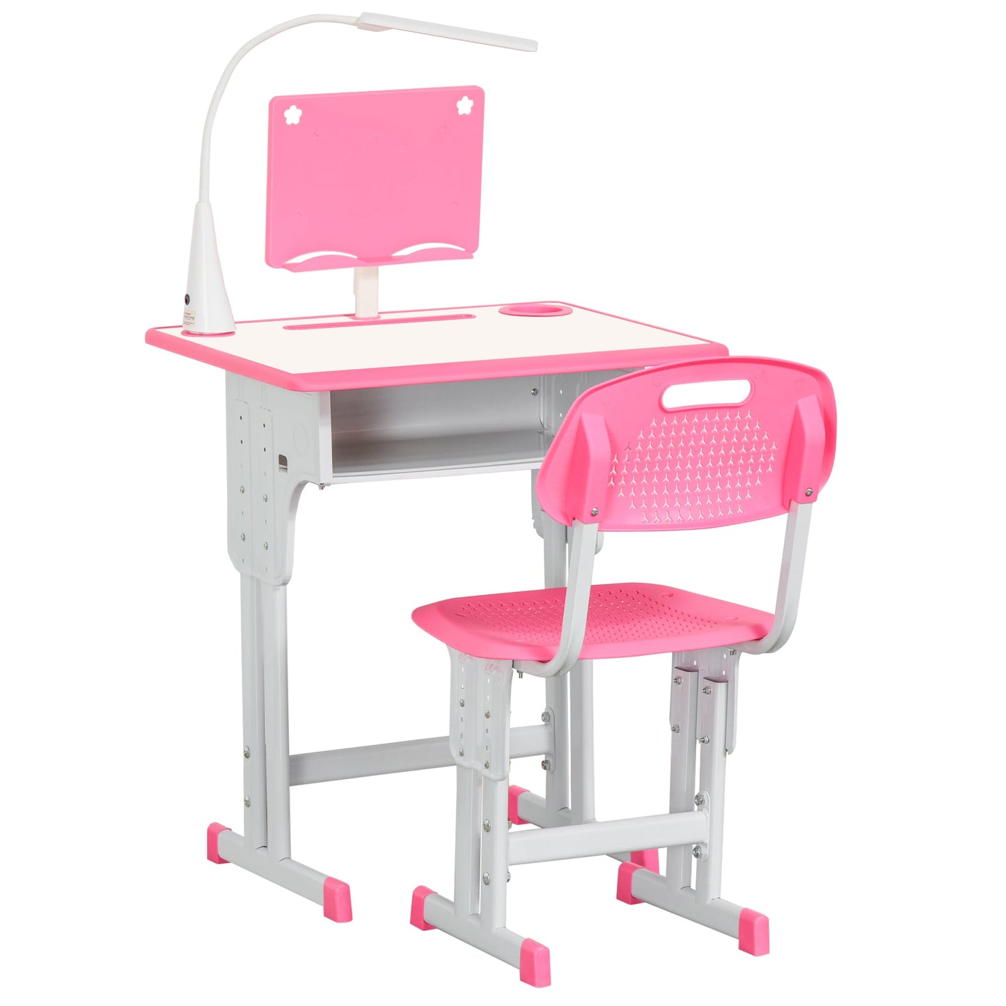Children's Desk with LED Lamp, Book Stand and Shelf, Height-Adjustable Children's Desk and Chair Set in PP, Steel and MDF, Pink