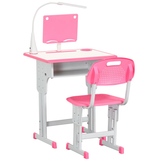 Children's Desk with LED Lamp, Book Stand and Shelf, Height-Adjustable Children's Desk and Chair Set in PP, Steel and MDF, Pink