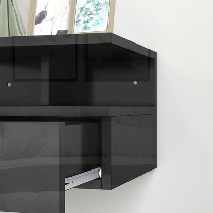 Set of 2 Modern Floating Bedside Tables with Drawer and Wooden Shelf 35x32x22.5cm, Glossy Black