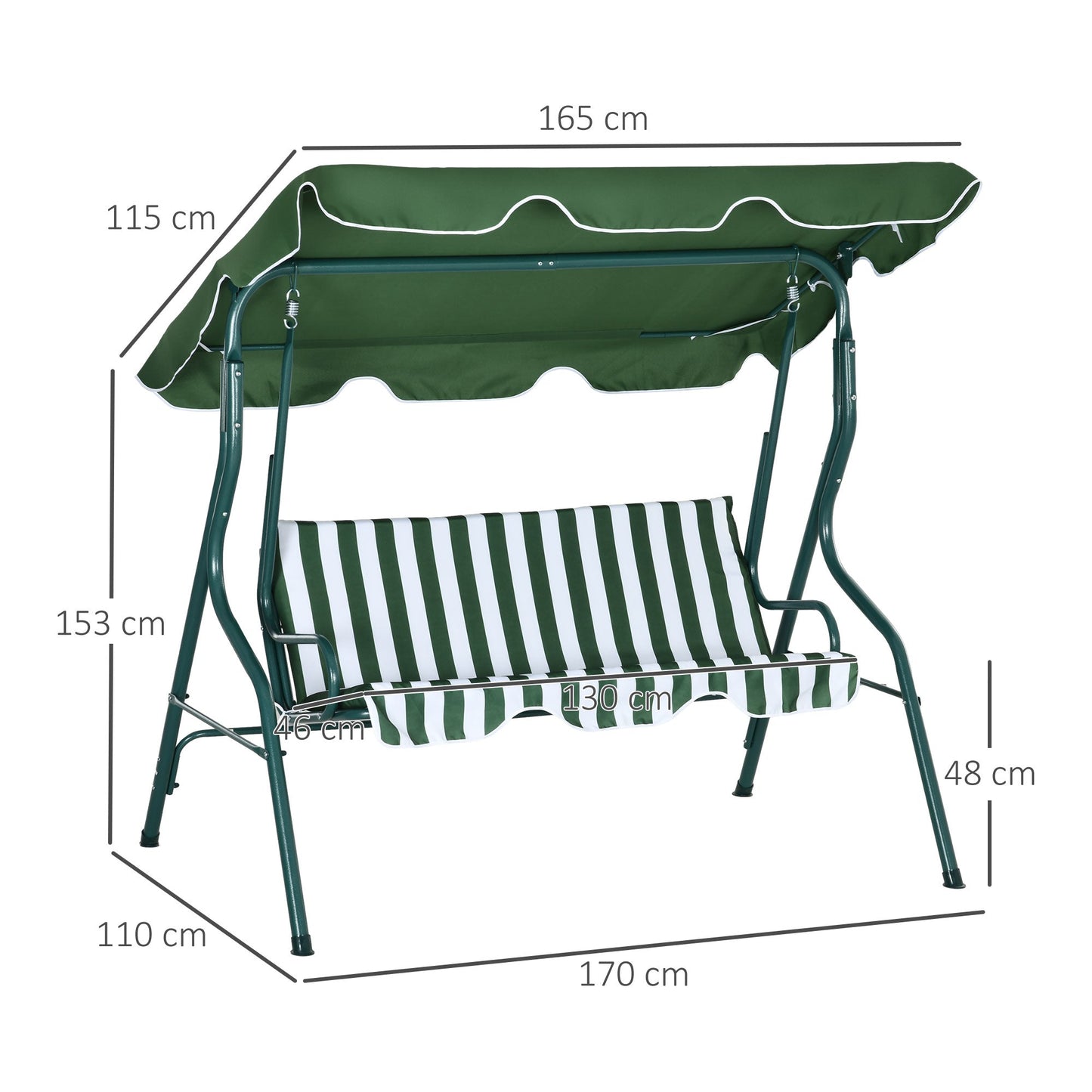 3-Seater Swing with Adjustable Canopy and Cushions, in Steel and Polyester, 170x110x153 cm, Green and White