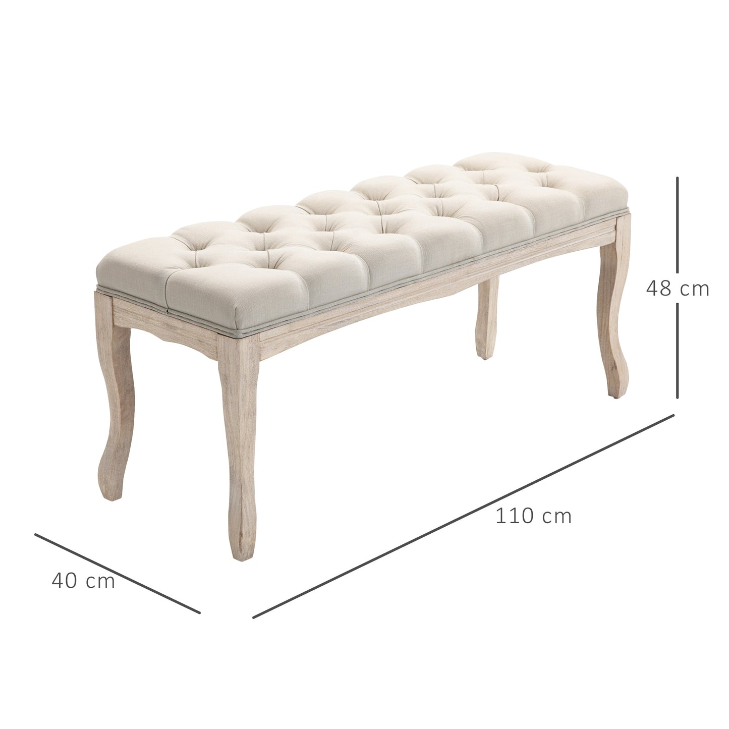 Vintage Bedside Bench with Upholstered Fabric Seat and Wooden Legs, 110x40x48cm, Beige