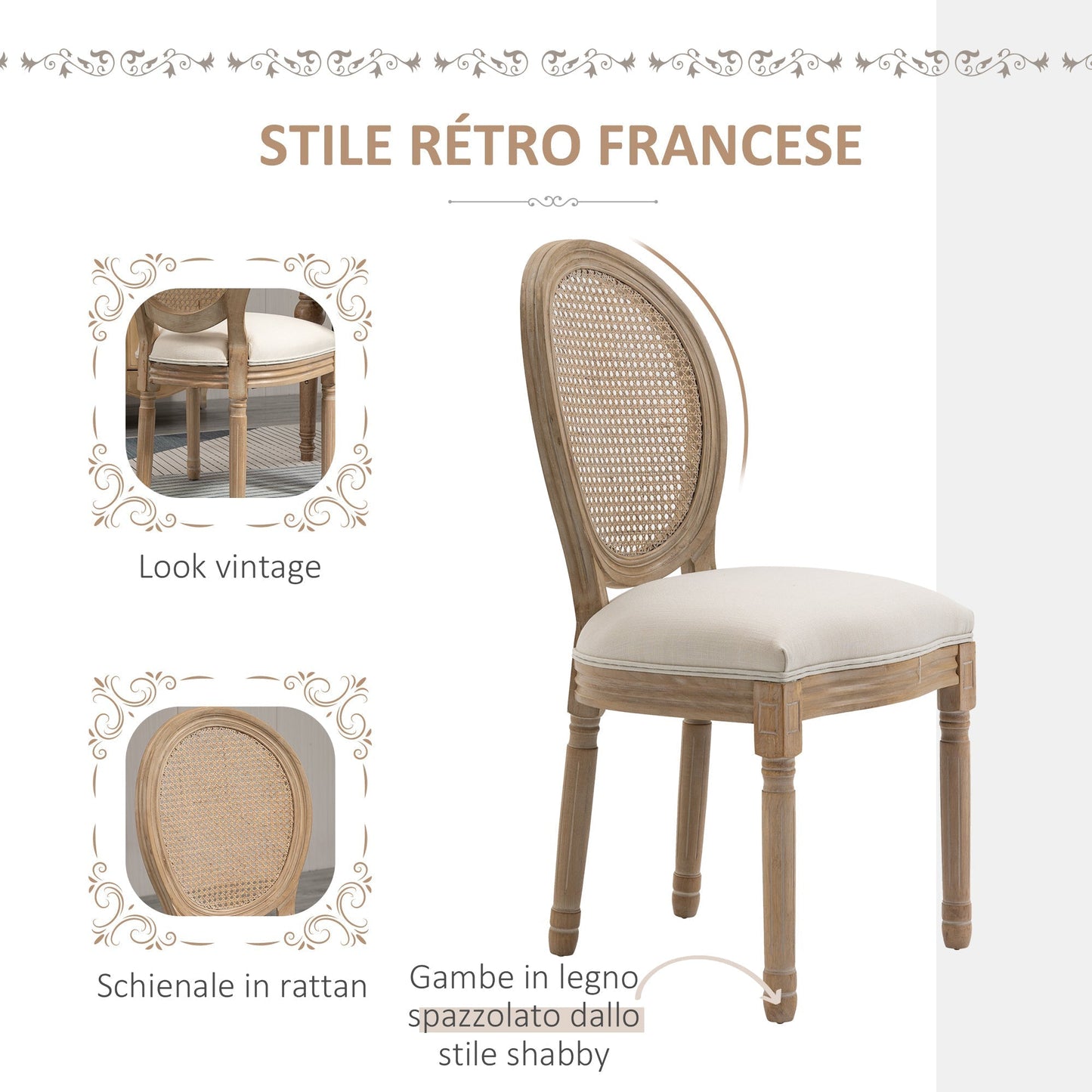 Set of 2 Vintage Style Living Room Chairs with Perforated Backrest, in Wood and Fabric, 49x56x96cm, Cream White