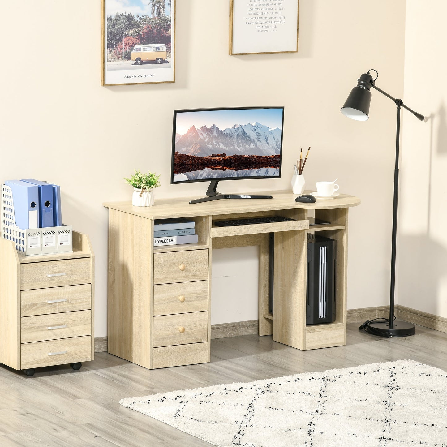 Desk from PC to Office with shelves, drawers and wooden headboard, 125x60x74cm