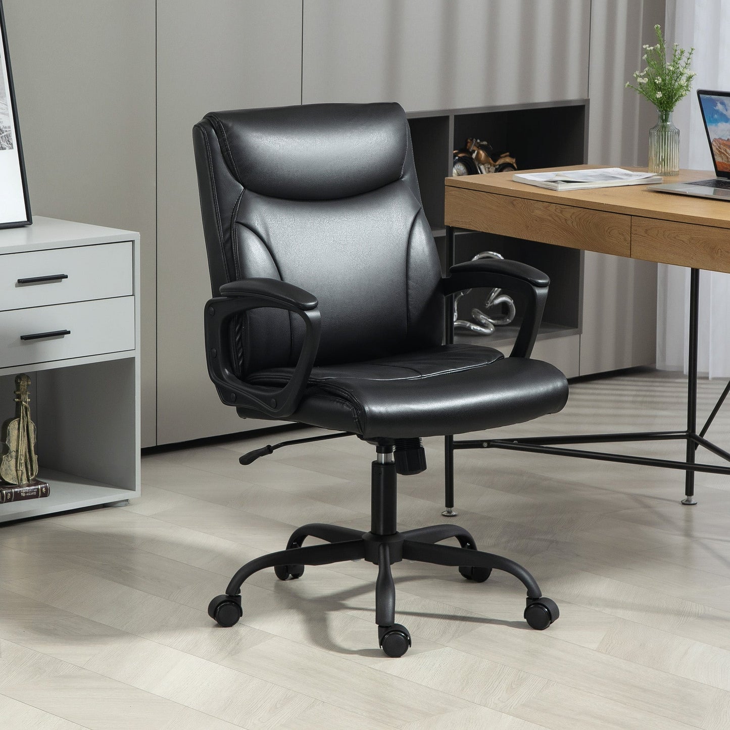 Height Adjustable Reclining Office Chair in Faux Leather and Steel, 60x68x95.5-105 cm, Black