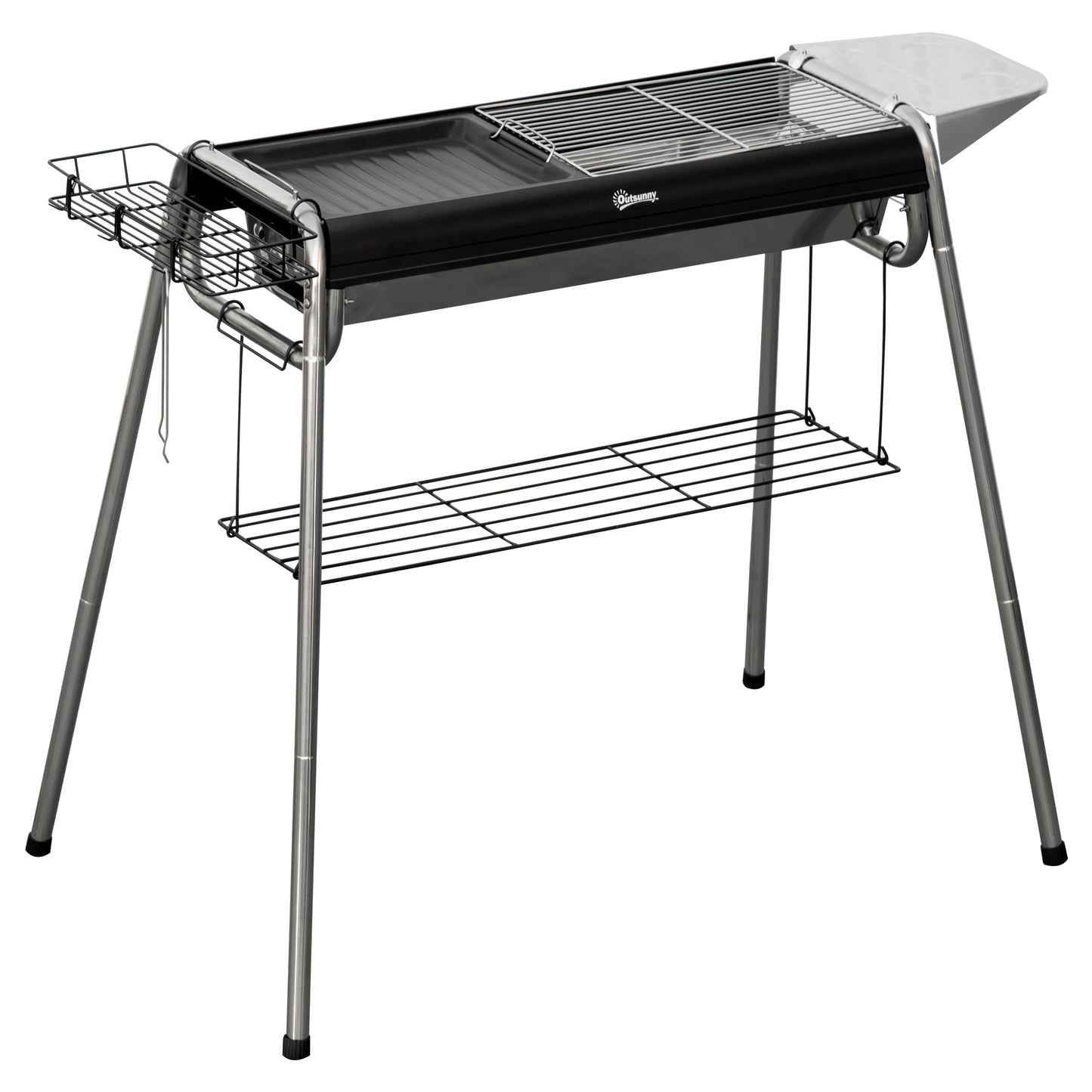 Charcoal Barbecue with Grill and Cooking Plate, Basket and Shelves, 96x61x72cm, Black