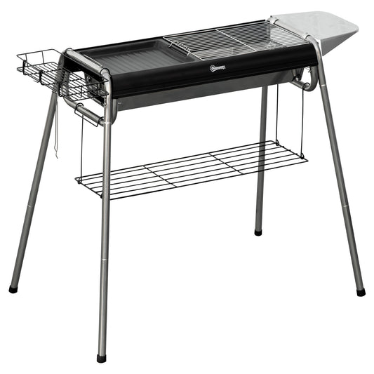 Charcoal Barbecue with Grill and Cooking Plate, Basket and Shelves, 96x61x72cm, Black