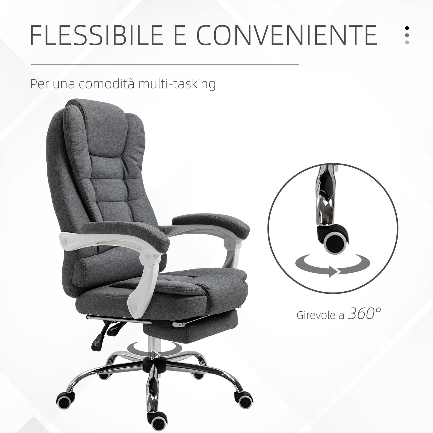 Reclining Office Chair with Retractable Footrest and High Back in Fabric, Grey