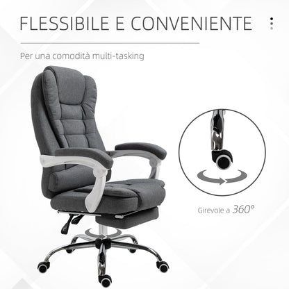 Reclining Office Chair with Retractable Footrest and High Back in Fabric, Grey